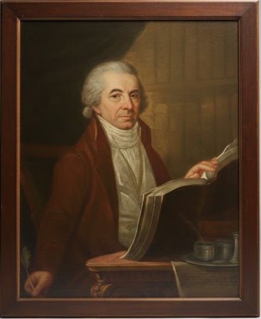 Dipinto olio su tela Ritratto di Gentiluomo nello Studio XIX sec con cornice XVIII