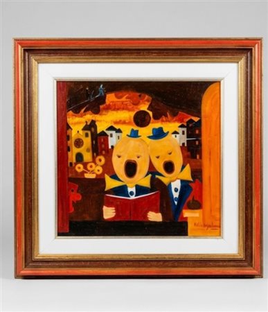 Dipinto olio su tela "I Cantori", firmato in basso – cm 36x33