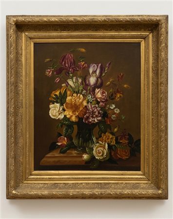 Dipinto olio su tela raffigurante natura morta, firmato – fine XIX secolo – cm 61x51 cornice dorata coeva 85x74