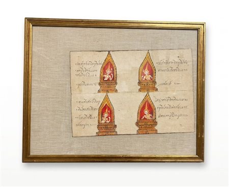 Antica miniatura su carta "Divinità Thai" con iscrizioni – Arte Orientale