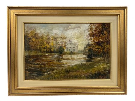 Dipinto olio su tela "Paesaggio autunnale con architettura e specchio d'acqua" – cm 44x28