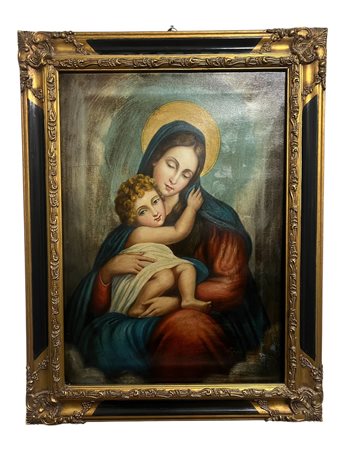 Da antico Dipinto olio su tela "Madonna con Bambino", – cm 70x50