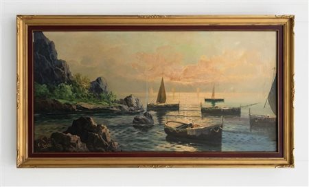 Dipinto olio su tela "Marina al tramonto con pescatori", firmato in basso a destra – cm 100x50