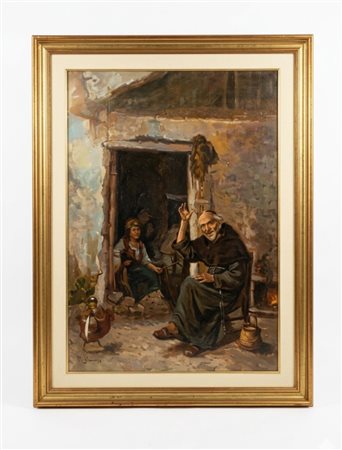 Dipinto olio su tela "Il frate e il giovane garzone", firmato – XX secolo – cm 100x70