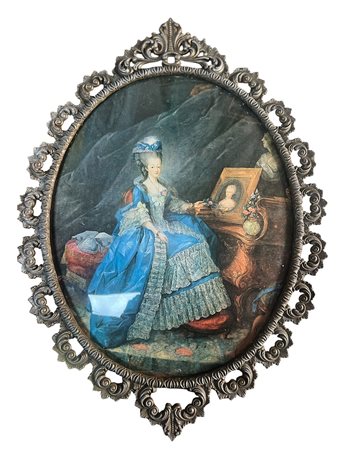 Stampa d'epoca ovale "Ritratto di nobile dama in abito azzurro" – cm 35 circa