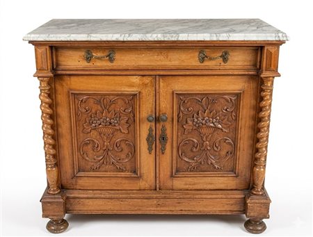 Credenza Antica in Legno Intagliato con Piano in Marmo Bianco