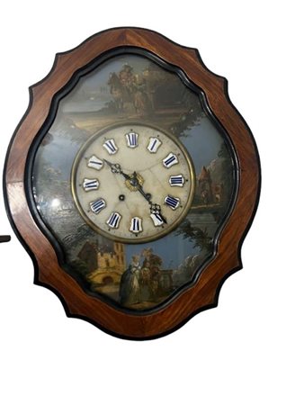 Orologio da Parete d'Epoca a Pendolo con Scena Pittorica, Francia, Inizio XIX Secolo cm 63 x 50
