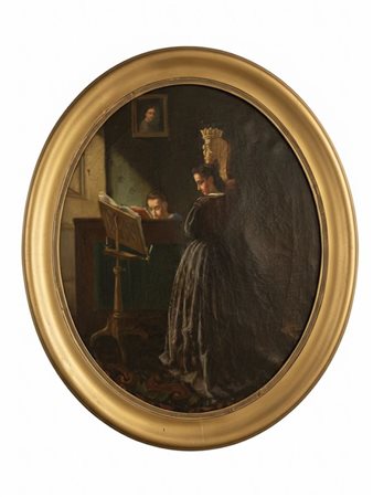 Dipintoolio su tela  Scena di Interno con Figure – Olio su Tela cm 42x47