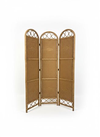 Elegante Paravento a Tre Ante in Midollino e Rattan Intrecciato