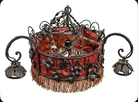 Lampadario a Sospensione in Ferro Battuto con Seta Rossa e Motivi Naturalistici
