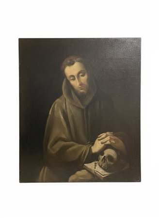 Dipinto Olio su tela raffigurante "San Francesco in meditazione" cm 74x88 XVIII