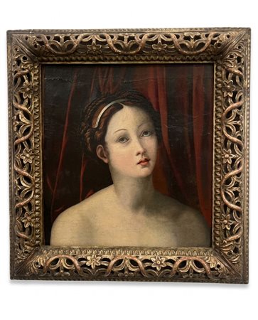 Antico dipinto su tavola – Ritratto di fanciulla in estasi cm 45,5x42,5 cornice traforata in rilievo