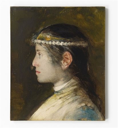 Dipinto su carta raffigurante un ritratto di fanciulla con diadema di perle cm 24x20 etichetta metallica F.P Michetti