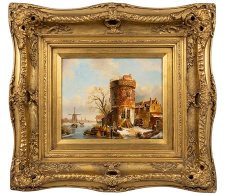 Dipinto a olio su tavola "Paesaggio fluviale con torre e mulino" – XIX Secolo cm tavola 18x22 cornice 44x48