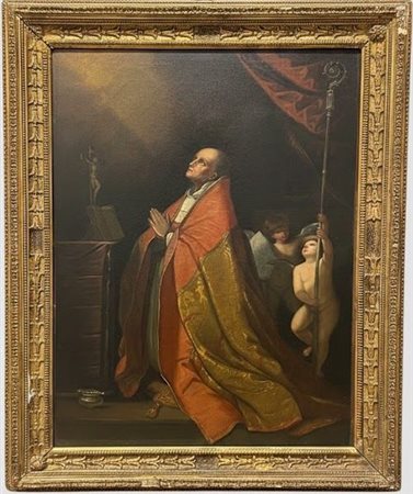 Dipinto a olio su tela rappresentante l’estasi di un Santo Vescovo in adorazione cm 95x64