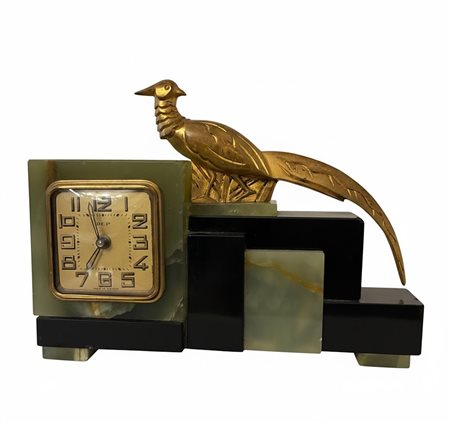 Elegante Orologio da Tavolo Art Déco – Onice Verde, Marmo Nero e Bronzo – Francia, anni '20/'30