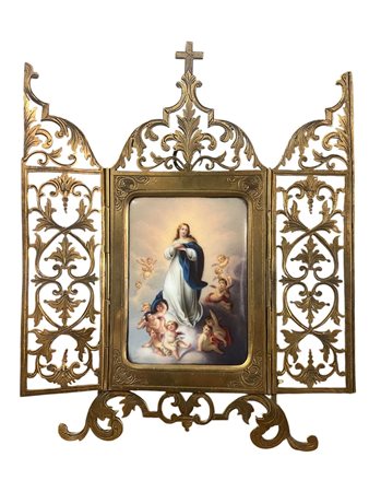 Dipinto a Olio su Placca "Assunzione della Vergine" in Trittico in Ottone Traforato – XIX Secolo