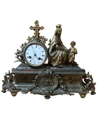 Orologio da tavolo con "Madonna e Gesù Bambino" in metallo brunito e dorato – XIX Secolo