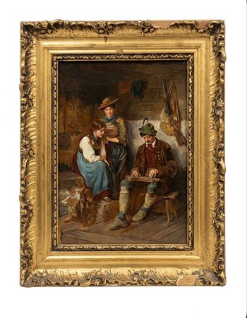 Dipinto a olio su tavola "Scena di genere in un interno" – Seguace di Franz von Defregger – XIX CM 38X30 circa