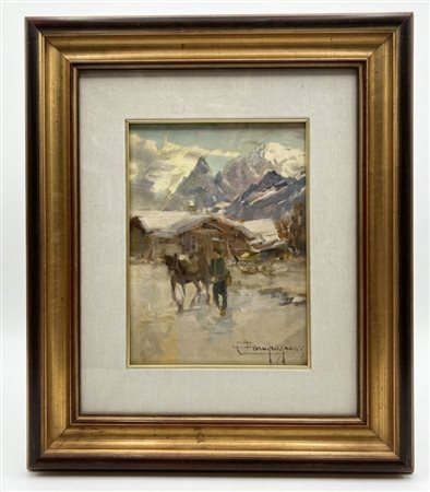 Dipinto a olio su pannello "Paesaggio alpino con figura e mulo" – Firmato – 22x16,5