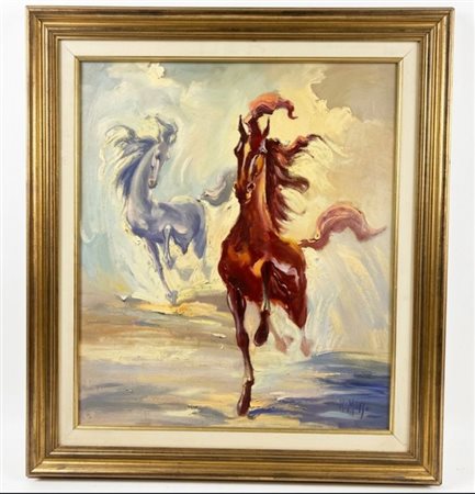 Dipinto a olio su masonite "Cavalli in corsa" – Walter Musso (1924-2001)