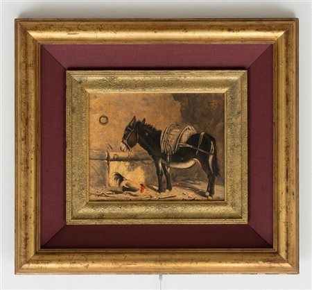 Dipinto a olio su tavola "Mulo bardato con gallo" –inizio 900 Secolo firma non decifrabile cm tavola 30x24