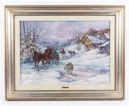Dipinto a olio su tela "Scena invernale con calesse e lupi" – Vera Sobotka – XX Secolo