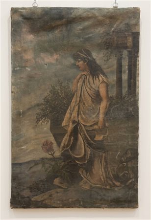 Dipinto a olio su tela "Figura femminile in abiti classici in un giardino" – XIX Secolo