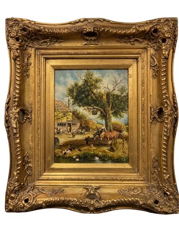 Dipinto a olio su tavola "Scena rurale con abbeveratoio e locanda" – XIX Secolo