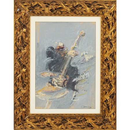G. CAZZANIGA, Jazz man, contrabbasso, Tecnica mista su carta