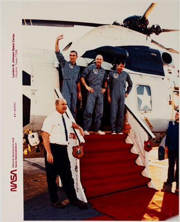 NASA (XX sec.)  - The Apollo 10 astronauts Thoms P. Stafford, J. W. Young and E. A. Cernan are greeted by D. E. Stullke, Manned Space Center, 1969