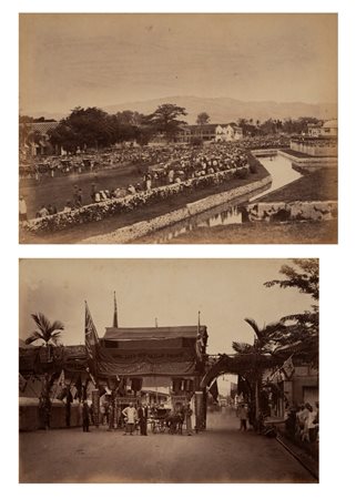 John Thomson (1837 - 1921)  - View from the Fort on the landing of the Duke ; Decoration in honour of the Duke, 1880s