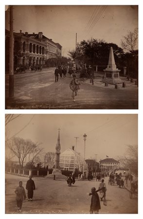 Anonimo - Shangai, English Bund, Public Garden, Army's Monument ; Shangai, Sochour Greek Bridge (to Hong-Kong), Flowers Garden, Magary's Monument, 1880s
