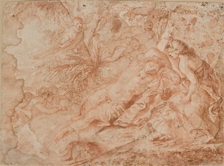 Scuola Emiliana del XVII secolo Diana ed Endimione Pietra rossa e china su...