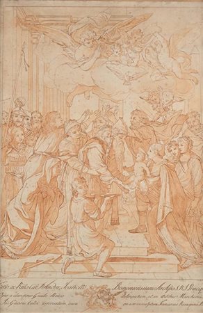 Scuola Romana del XVIII secolo Studio di Frontespizio con presentazione di...