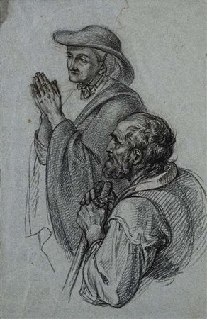 Scuola tedesca del XIX secolo Studio di figure in preghiera Carboncino su...