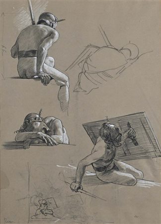 Cesare Maccari Studio di Figure Carboncino con rialzi in biacca su carta mm...