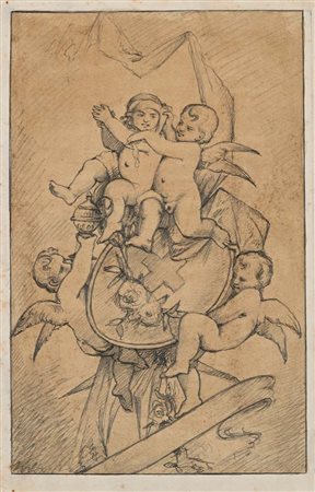 Scuola toscana del XIX secolo Recto: Studio di puttini che reggono stemma -...