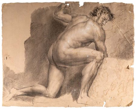 Scuola neoclassica italiana Studio di nudo accademico accovacciato...
