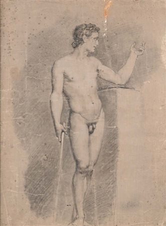 Scuola neoclassica italiana Nudo maschile con bastone pietra nera su carta mm...