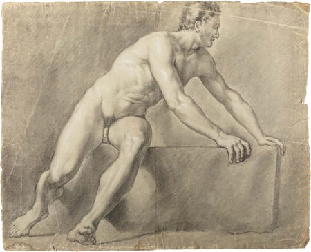 Scuola neoclassica italiana Studio di nudo accademico seduto carboncino,...
