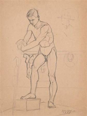 Aldo Marzi Studio di Nudo con profilo di gentiluomo col cappello Matita su...
