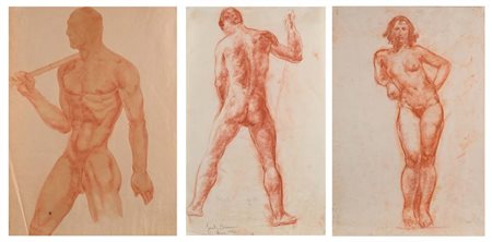 Scuola Italiana del XX secolo Tre studi di nudi accademici Sanguigna su carta...