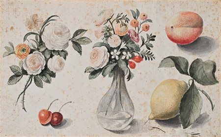 Teresa Berenice Vitelli (seguace di) Natura mora con fiori e frutti pietra...