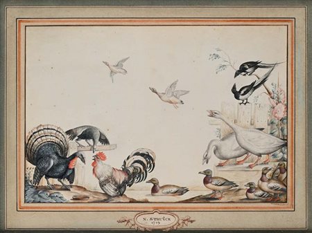 Nicolaas Struyk Veduta con uccelli acquatici e fiori Penna, inchiostro e...