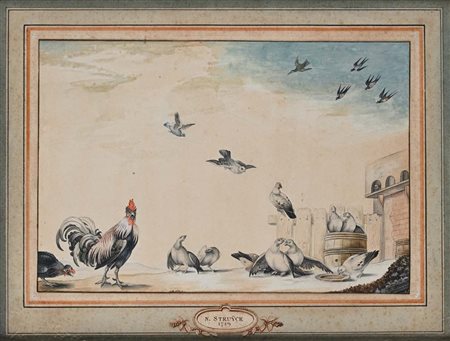 Nicolaas Struyk Veduta di animali da cortile Penna, inchiostro e acquerelli...