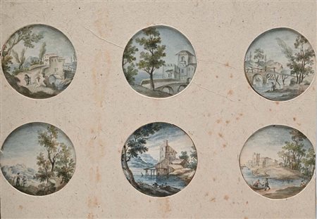 Giuseppe Bernardino Bison Sei ovali con Vedute campesti Inchiostri...