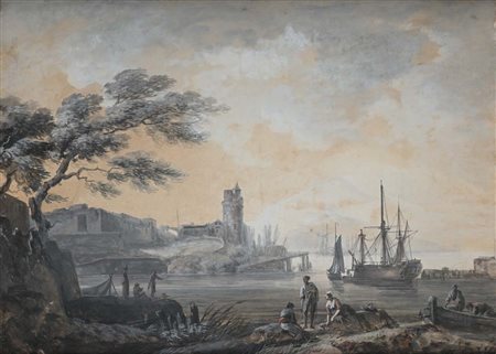 Scuola francese del XIX secolo Veduta di porto Acquerello su carta mm 440x620...