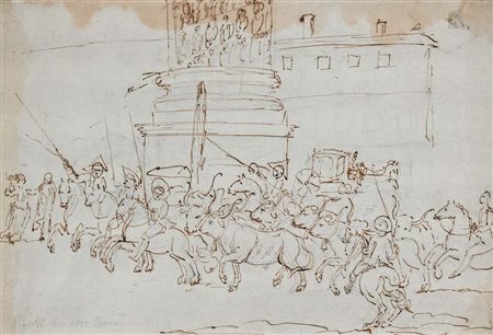 Bartolomeo Pinelli (attribuito a) Veduta di Piazza Colonna con cavalieri e...