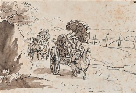 Scuola neoclassica italiana Veduta con carrozze nella campagna Penna, china,...